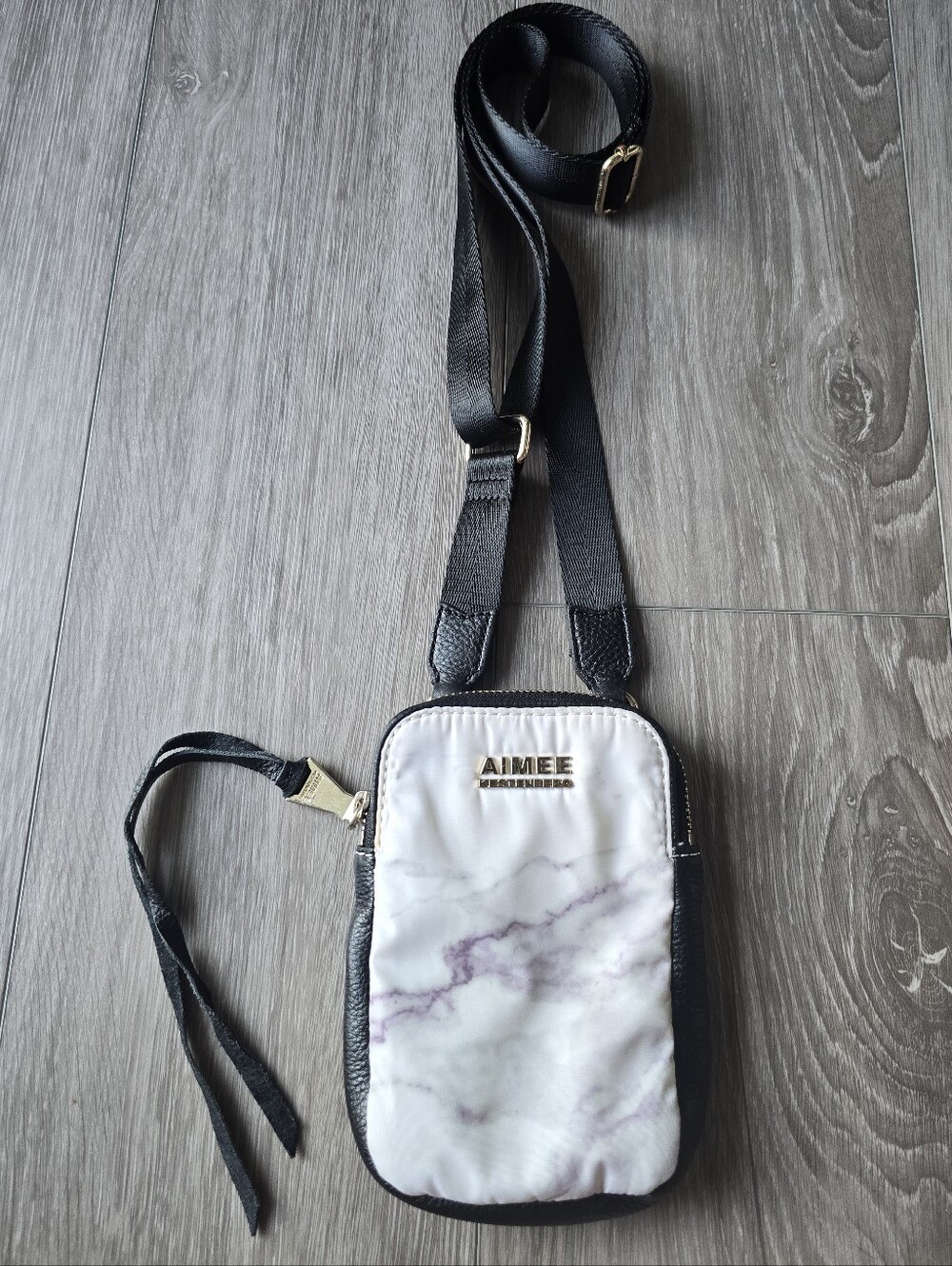 Aimee Kestenberg Marble Phone Crossbody Bag Mini White Black Leather Trim Gold